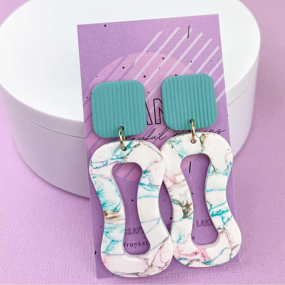 Marbled Pattern with Green Line Texture Dangle Earrings Polymer Clay Handmade